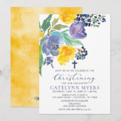 Navy Yellow en Paarse Bright Floral Christening Kaart (Voorkant / Achterkant)