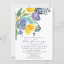 Navy Yellow en Paarse Bright Floral Christening Kaart