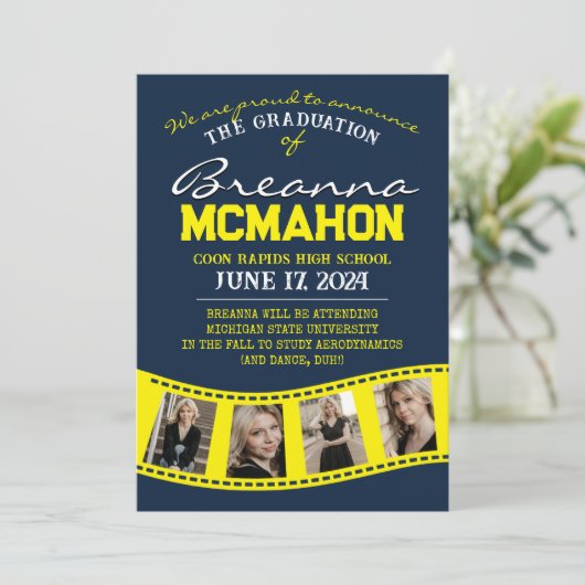 Navy & Yellow Filmstrip Afstuderen aankondiging (Staand voorkant)
