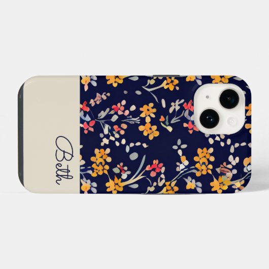 Navy Yellow Gepersonaliseerde Wildflower iPhone Hoesje (Achterkant horizontaal)