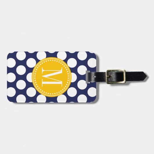 Navy & Yellow Green Big Polka Dots Monogramed Bagagelabel (Voorkant horizontaal)