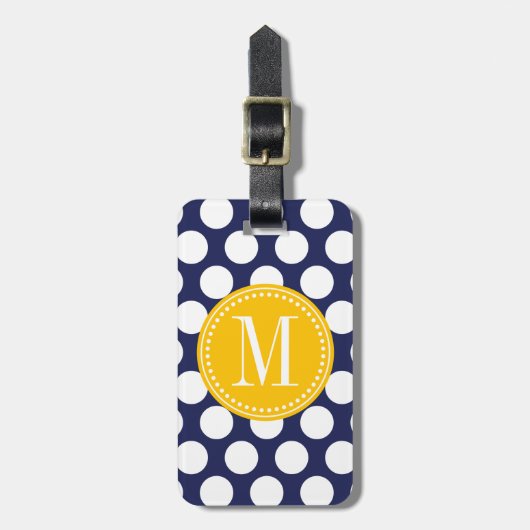 Navy & Yellow Green Big Polka Dots Monogramed Bagagelabel (Voorkant verticaal)