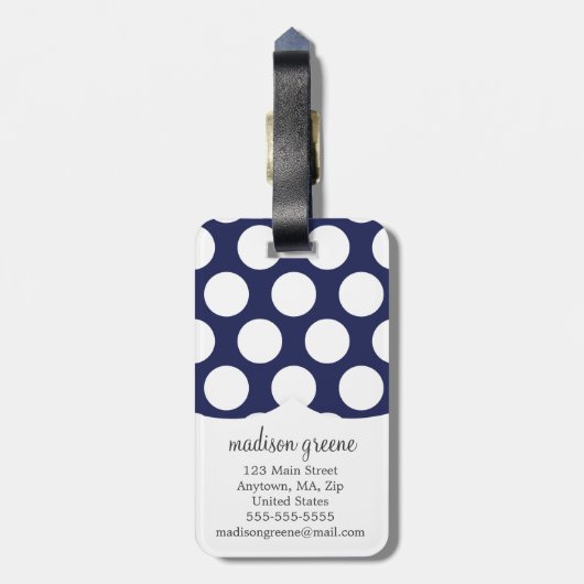 Navy & Yellow Green Big Polka Dots Monogramed Bagagelabel (Achterkant verticaal)