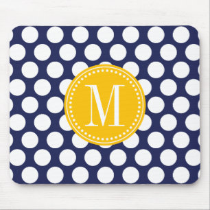 Navy & Yellow Green Big Polka Dots Monogramed Muismat