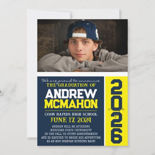 Navy & Yellow Modern Afstuderen Foto Aankondiging (Voorkant)