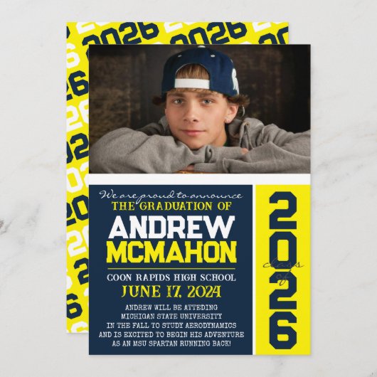 Navy & Yellow Modern Afstuderen Foto Aankondiging (Voorkant / Achterkant)