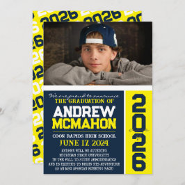 Navy & Yellow Modern Afstuderen Foto Aankondiging