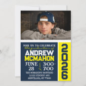 Navy & Yellow Modern Afstuderen Fotouitnodiging Kaart (Voorkant)