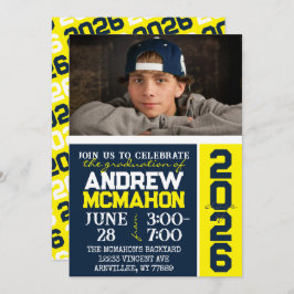 Navy & Yellow Modern Afstuderen Fotouitnodiging Kaart