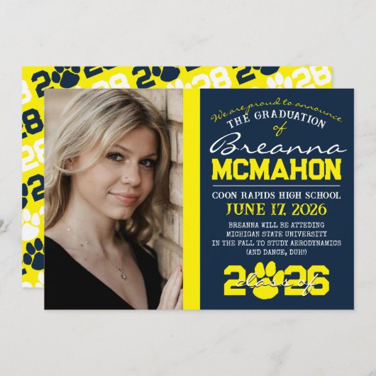 Navy & Yellow Paw Print Afstuderen Kaart (Voorkant / Achterkant)