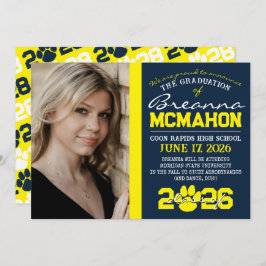 Navy & Yellow Paw Print Afstuderen Kaart