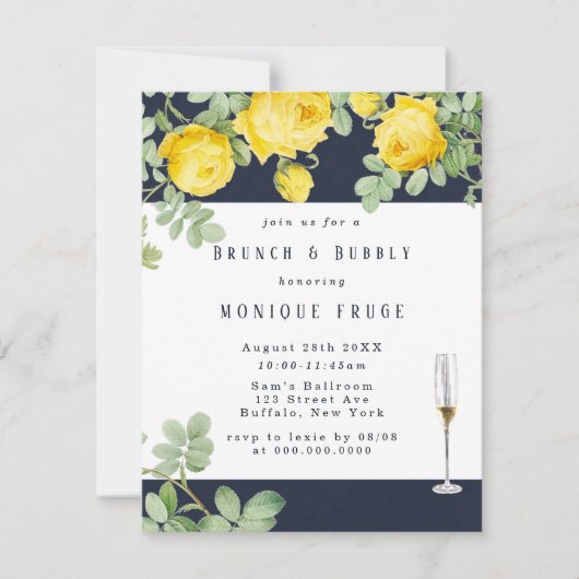 Navy Yellow Rose Rustic Brunch & Bubble Invites Kaart (Voorkant)