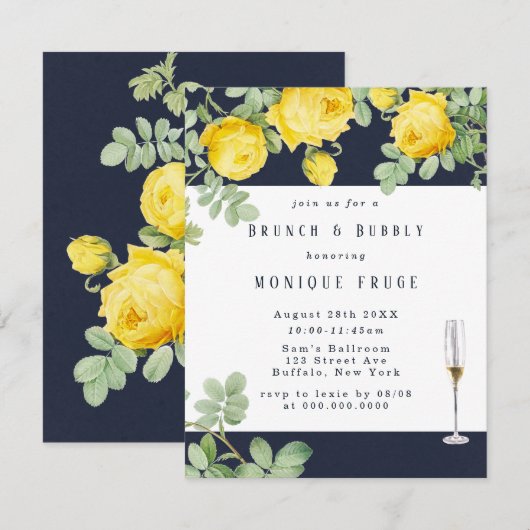 Navy Yellow Rose Rustic Brunch & Bubble Invites Kaart (Voorkant / Achterkant)