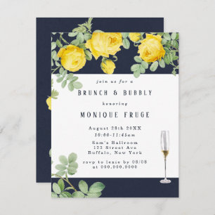 Navy Yellow Rose Rustic Brunch & Bubble Invites Kaart