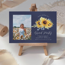 Navy + Yellow Sunflower Afstuderen Foto uitnodigin