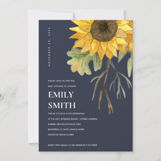 NAVY YELLOW SUNFLOWER FLORAL BABY SHOWER INVITE BEDANKKAART (Voorkant)