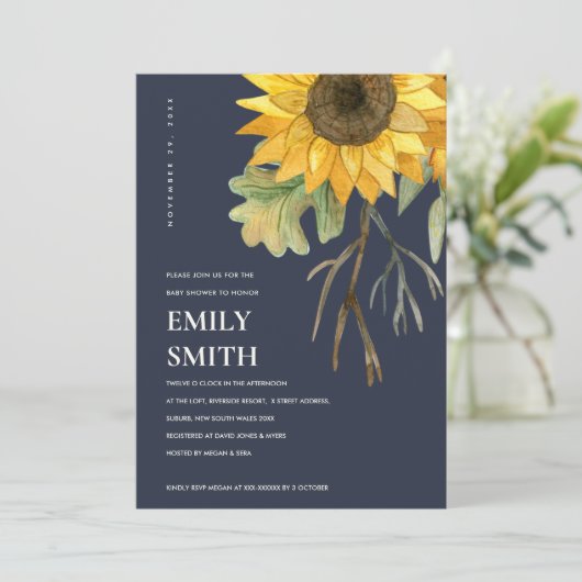 NAVY YELLOW SUNFLOWER FLORAL BABY SHOWER INVITE BEDANKKAART (Staand voorkant)