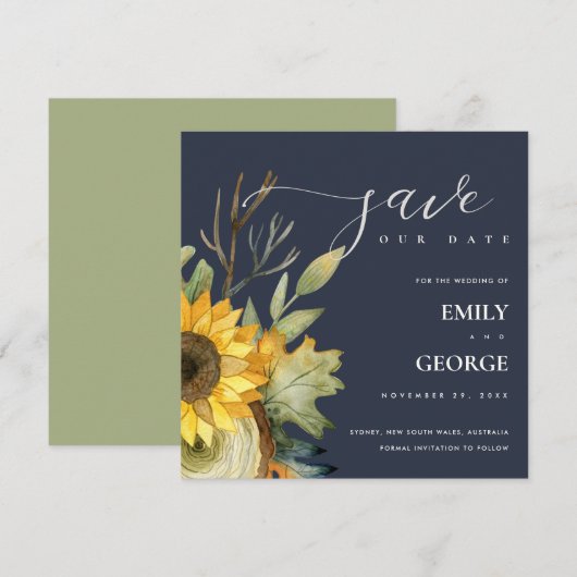 NAVY YELLOW SUNFLOWER FLORAL BEWAREN DE DATUM KAAR BEDANKKAART (Voorkant / Achterkant)