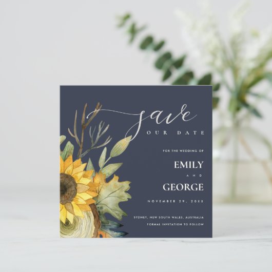 NAVY YELLOW SUNFLOWER FLORAL BEWAREN DE DATUM KAAR BEDANKKAART (Staand voorkant)