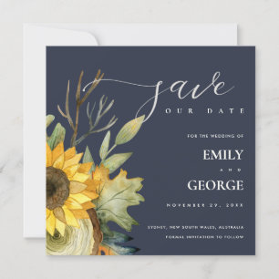 NAVY YELLOW SUNFLOWER FLORAL BEWAREN DE DATUM KAAR BEDANKKAART