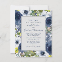 Navy Yellow White Floral and Grey Wedding Kaart