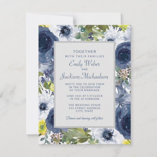 Navy Yellow White Floral and Grey Wedding Kaart (Voorkant)