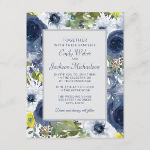 Navy Yellow White Floral and Grey Wedding Kaart
