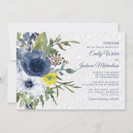 Navy Yellow White Floral en Lace Garden Wedding Kaart