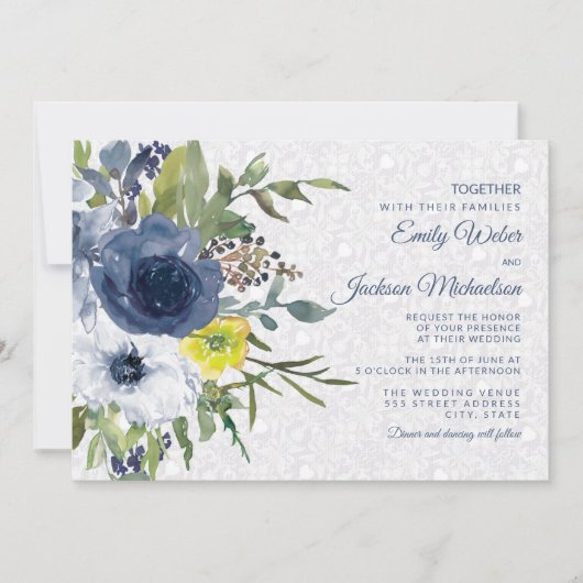 Navy Yellow White Floral en Lace Garden Wedding Kaart (Voorkant)
