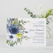 Navy Yellow White Floral en Lace Garden Wedding Kaart (Staand voorkant)