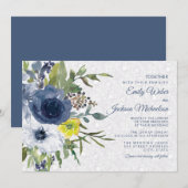 Navy Yellow White Floral en Lace Garden Wedding Kaart (Voorkant / Achterkant)