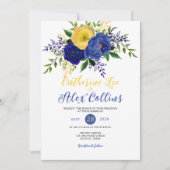 Navy & Yellowish Gold Floral Bouquet Wedding Invit Kaart (Voorkant)