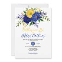 Navy & Yellowish Gold Floral Bouquet Wedding Invit
