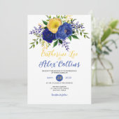 Navy & Yellowish Gold Floral Bouquet Wedding Invit Kaart (Staand voorkant)