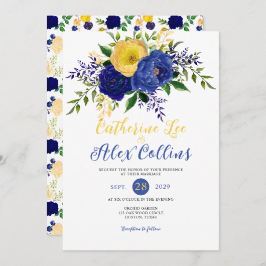 Navy & Yellowish Gold Floral Bouquet Wedding Invit Kaart (Voorkant / Achterkant)