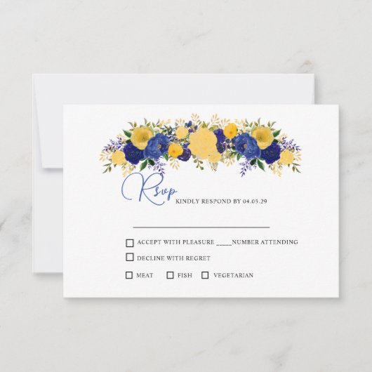 Navy & Yellowish Gold Floral Bouquet Wedding RSVP Kaartje (Voorkant)