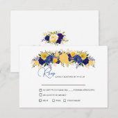 Navy & Yellowish Gold Floral Bouquet Wedding RSVP Kaartje (Voorkant / Achterkant)