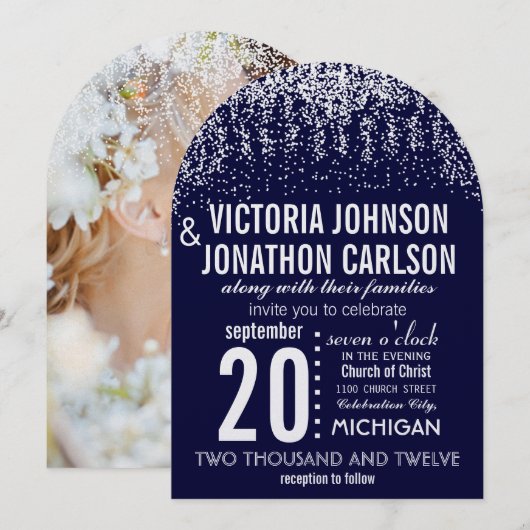 Navy Your Photo Confetti ModernTypografie Kaart (Voorkant / Achterkant)