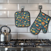Navy Zee Fish Ocean Beach huis Navy Ovenwant & Pannenlap Set