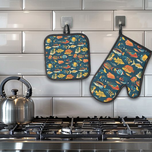Navy Zee Fish Ocean Beach huis Navy Ovenwant & Pannenlap Set