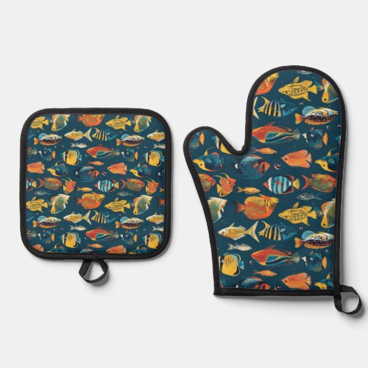 Navy Zee Fish Ocean Beach huis Navy Ovenwant & Pannenlap Set (Voorkant)