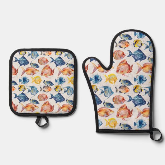 Navy Zee Fish Ocean Beach huis Ovenwant & Pannenlap Set (Voorkant)