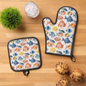 Navy Zee Fish Ocean Beach huis Ovenwant & Pannenlap Set (Top down)
