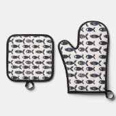 Navy Zee Fish Ocean Beach huis Scandinavisch Ovenwant & Pannenlap Set (Voorkant)