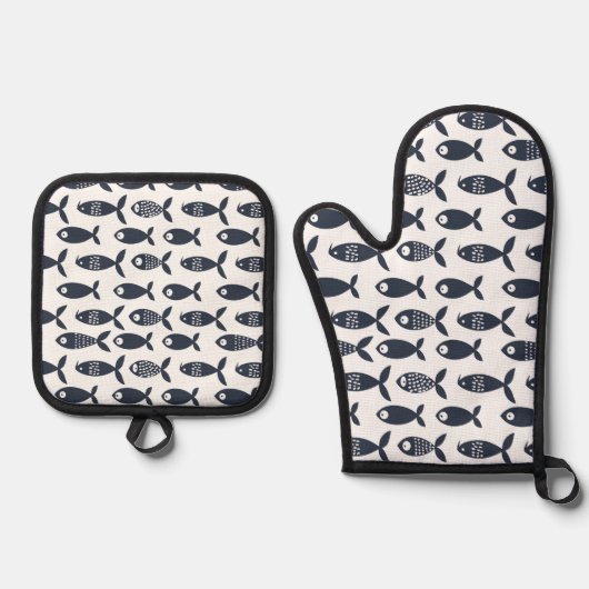 Navy Zee Fish Ocean Beach huis Scandinavisch Ovenwant & Pannenlap Set (Voorkant)