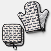 Navy Zee Fish Ocean Beach huis Scandinavisch Ovenwant & Pannenlap Set (Voorkant / Achterkant)