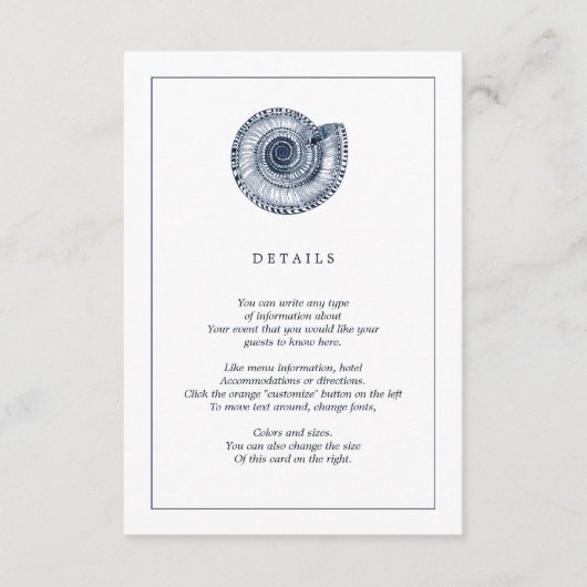 Navy Zee Shell Beach Wedding Information Kaart (Voorkant)