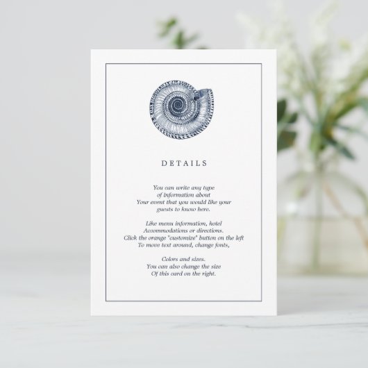 Navy Zee Shell Beach Wedding Information Kaart (Staand voorkant)