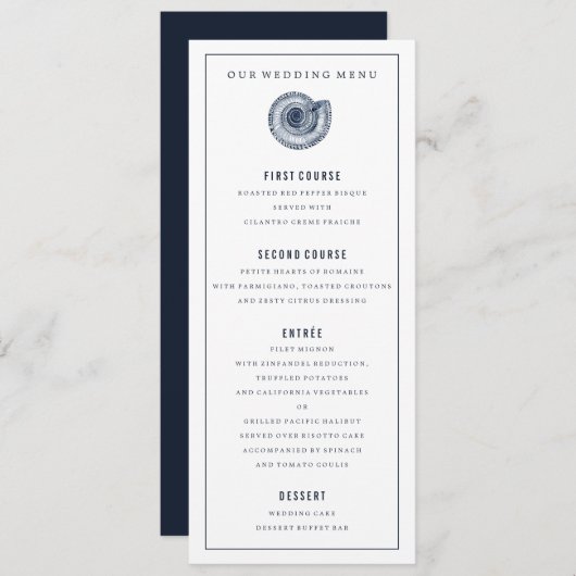 Navy Zee Shell Wedding Dinner Menu (Voorkant / Achterkant)