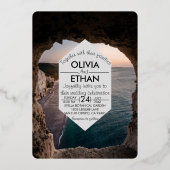 Navy Zeegezicht Strand Zomer Bruiloft Folie Uitnodiging (Voorkant)